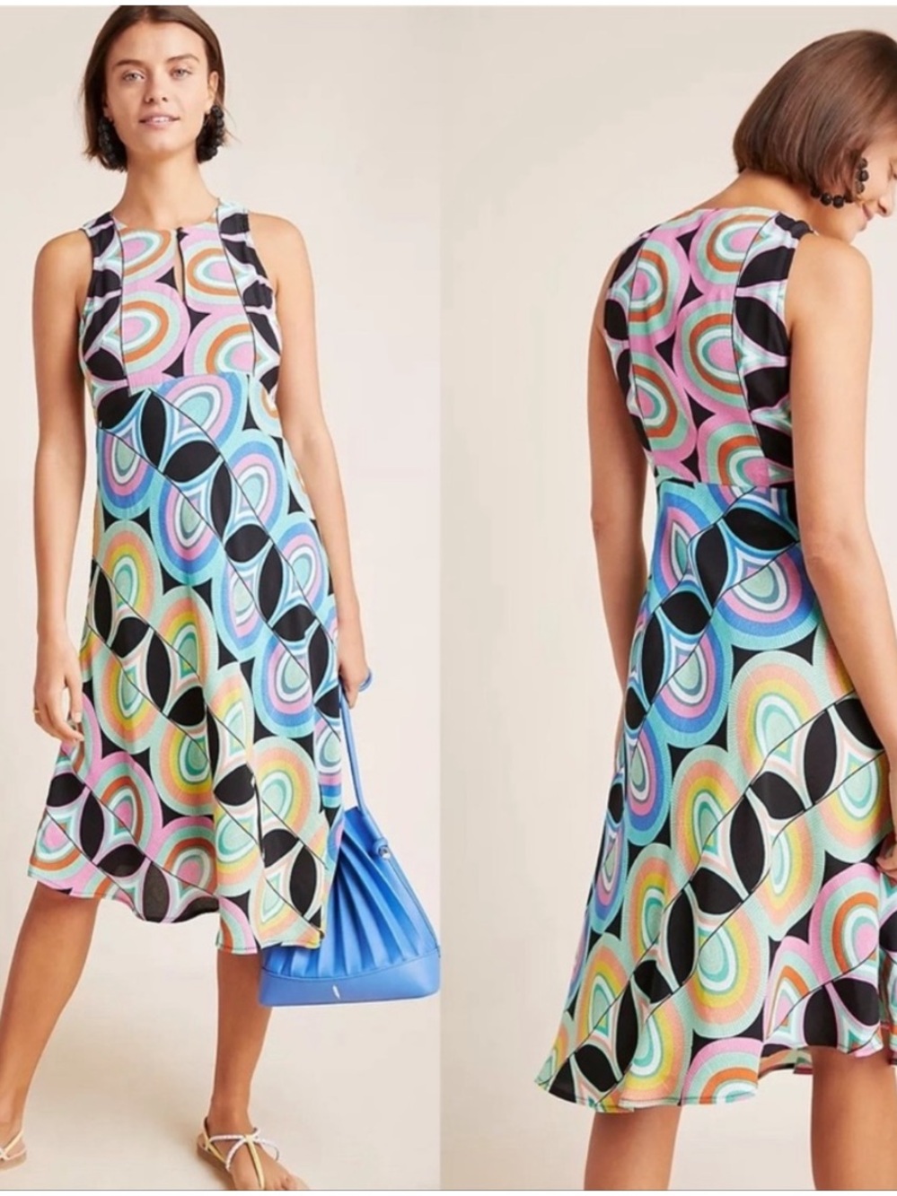 Anthropologie Kenzie Multicolor Midi Dress retro 60s kaleidoscope graphic sz 8
